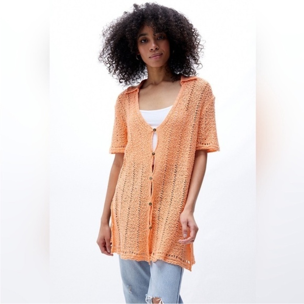 New Free People Soda Pop Crochet Cardigan Tunic Orange Small